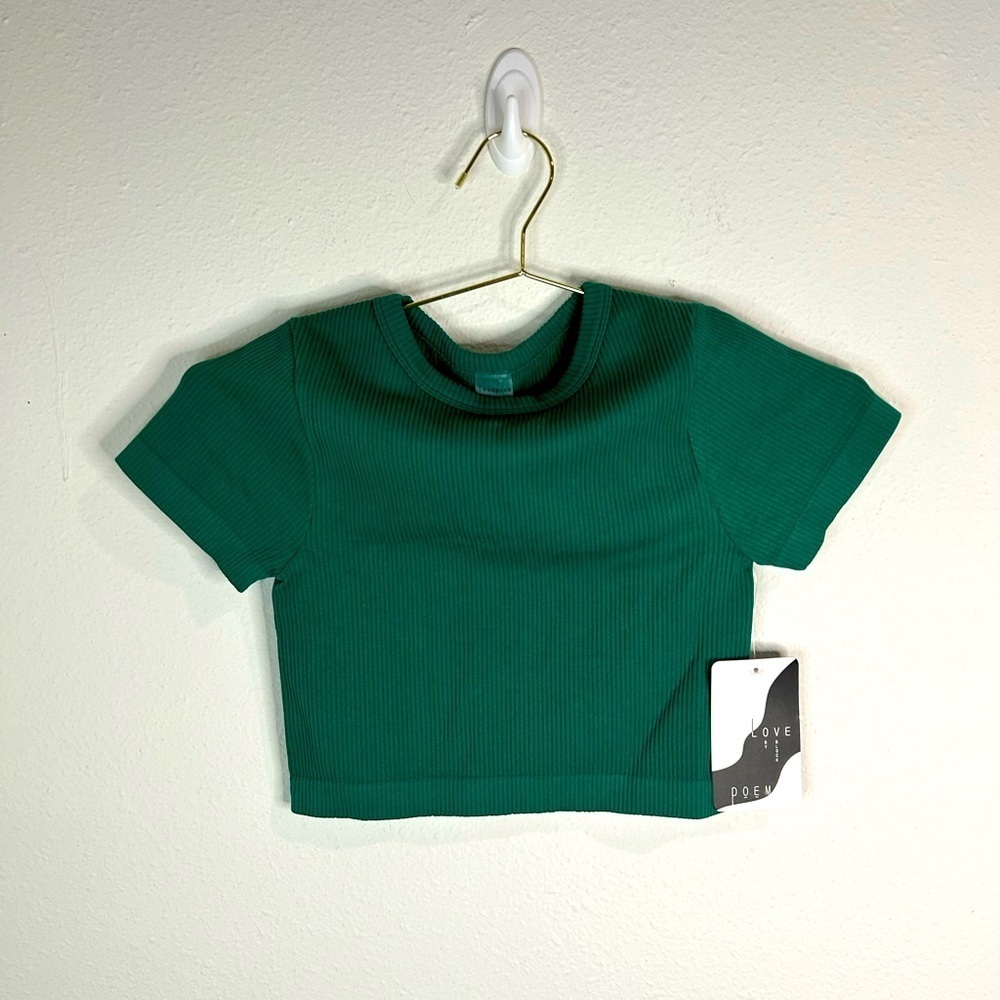 Love Poem Women Cropped Ribbed Tee Green Short Sleeve Y2K Trendy Fitted Top S/M - Picture 3 of 8